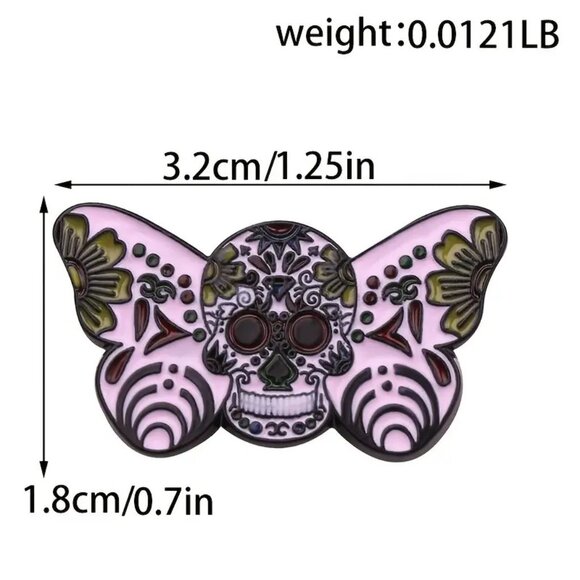 Pink Butterfly Moth Floral Sugar Skull Enamel Pin Brooch Spooky Goth - Picture 5 of 6